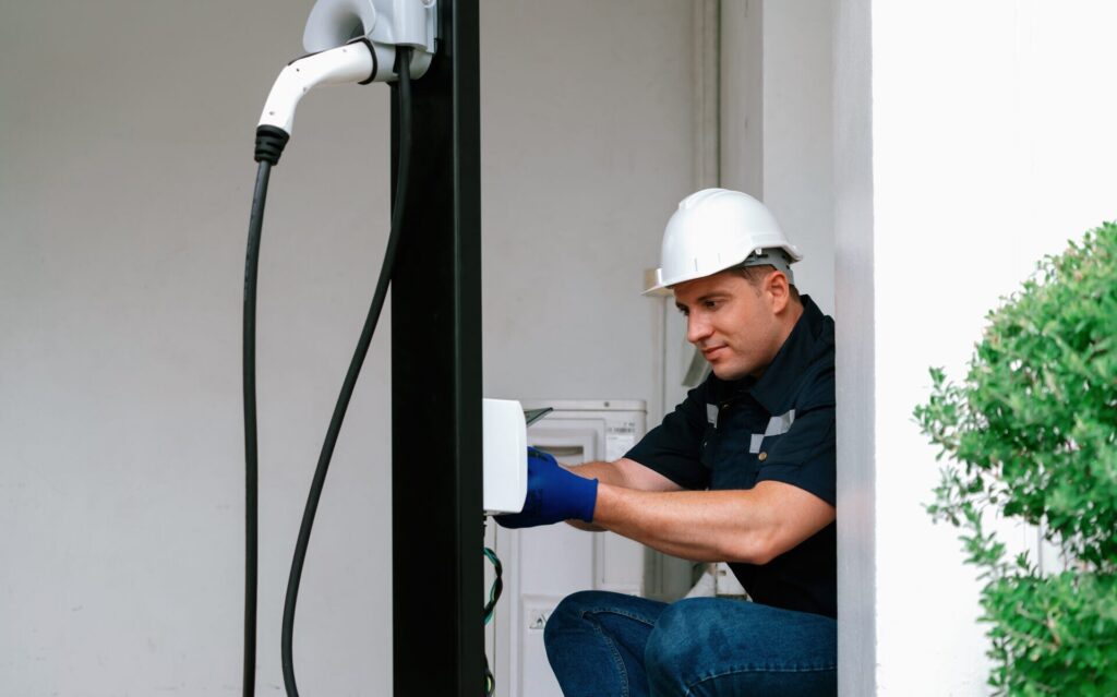 Electrician fixing an EV charging station